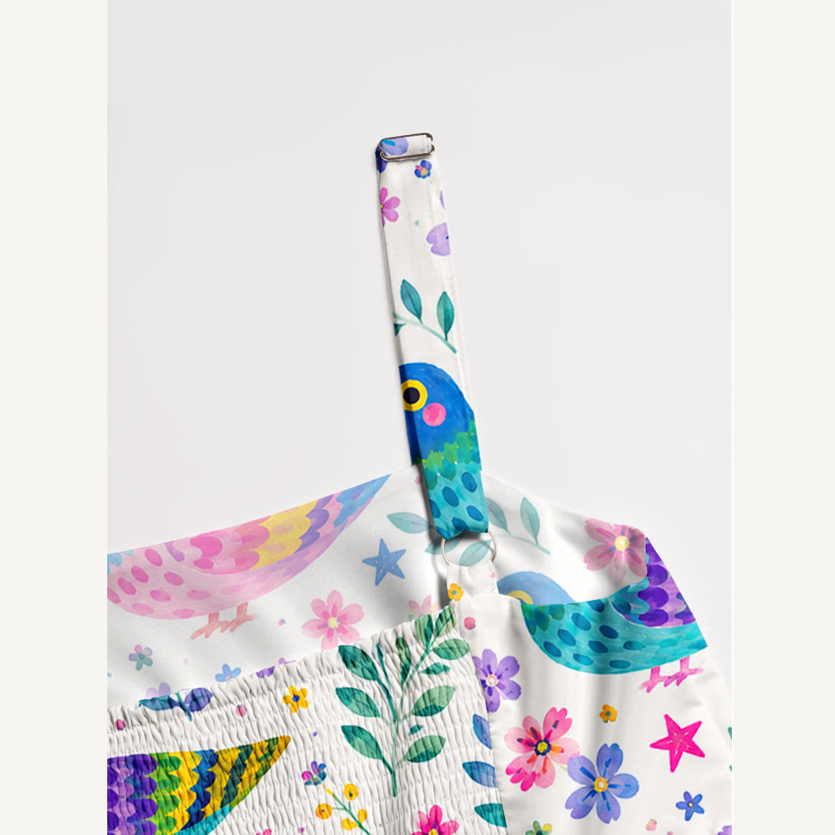 Colorful Folk Birds Pattern Print Wide Straps Maxi Dress With Pockets