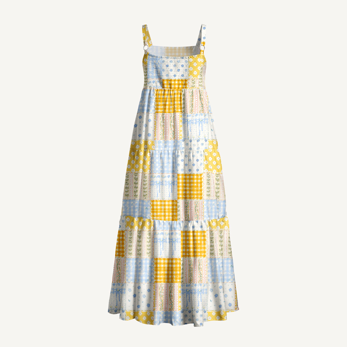 Pastel Floral Patchwork Quilt Pattern Print Wide Straps Maxi Dress With Pockets