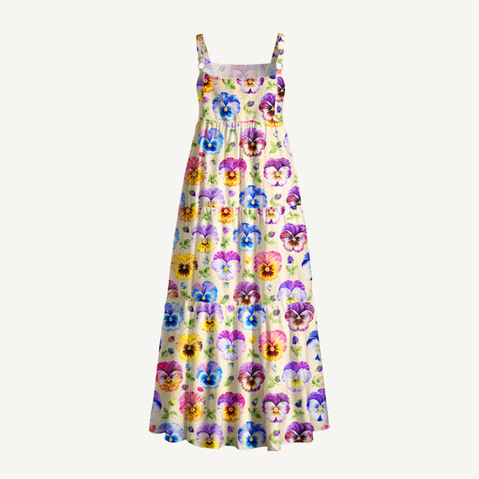 Vintage Watercolor Pansy Floral Pattern Print Wide Straps Maxi Dress With Pockets