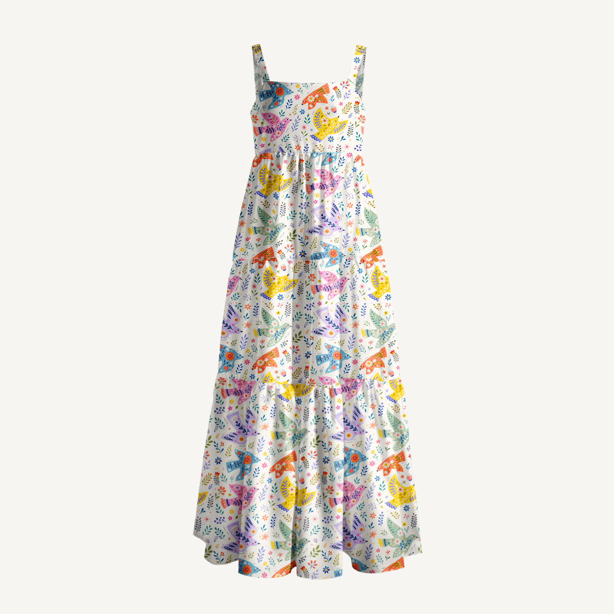 Scandinavian Folk Art Bird Pattern Print Wide Straps Maxi Dress With Pockets