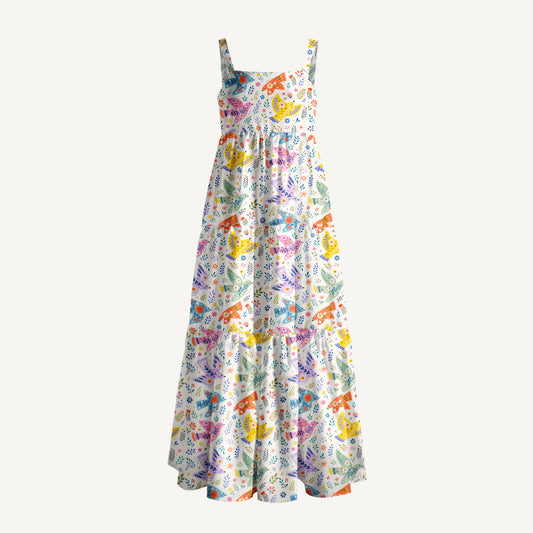 Scandinavian Folk Art Bird Pattern Print Wide Straps Maxi Dress With Pockets