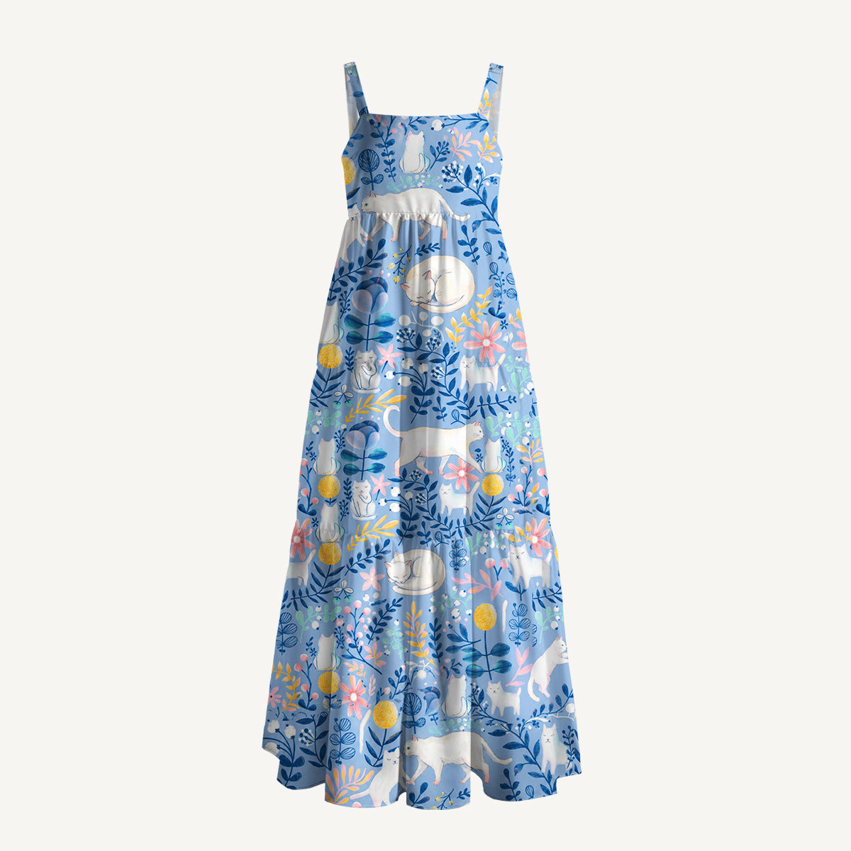 Square Neck Blue Leaf Cat Print Wide Straps Maxi Dress With Pockets