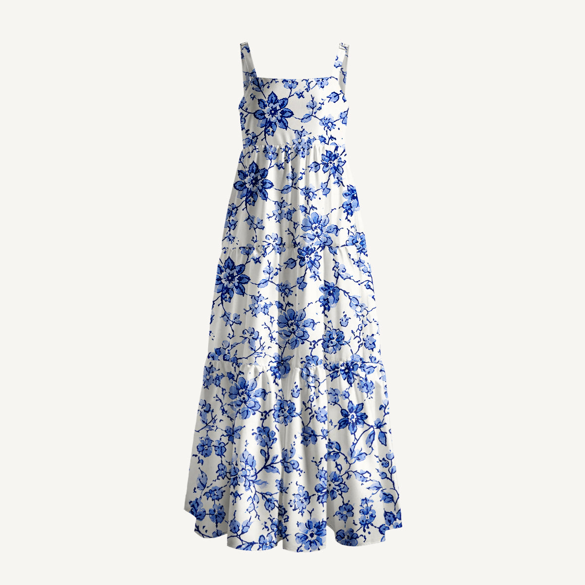 Delft Blue Vintage Floral Print Wide Straps Maxi Dress With Pockets
