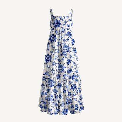 Delft Blue Vintage Floral Print Wide Straps Maxi Dress With Pockets