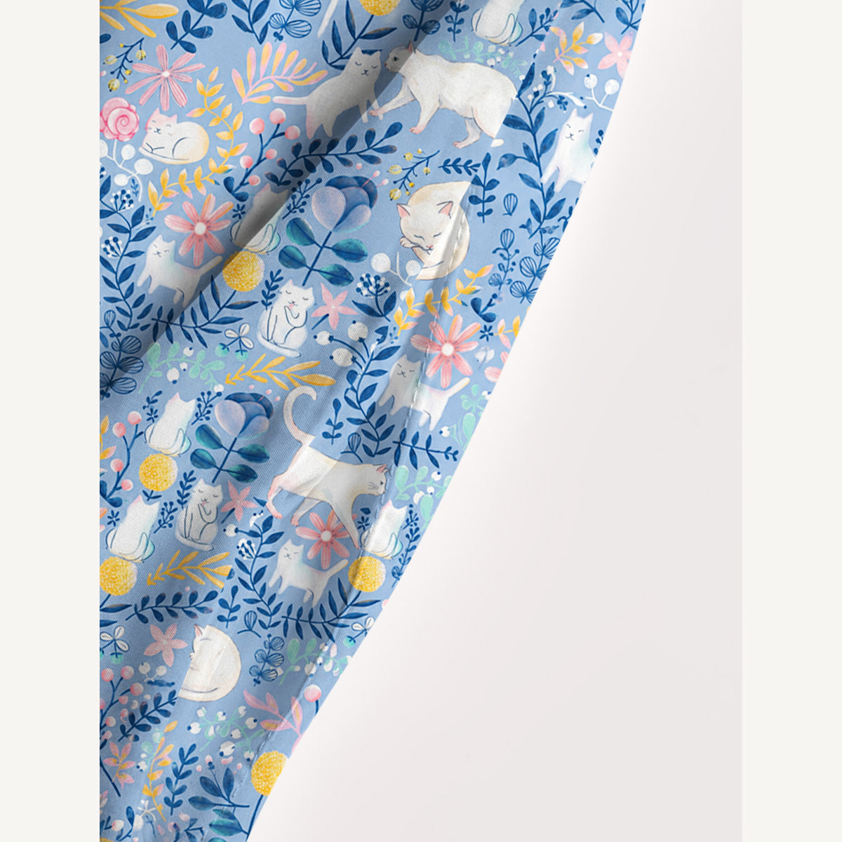Square Neck Blue Leaf Cat Print Wide Straps Maxi Dress With Pockets