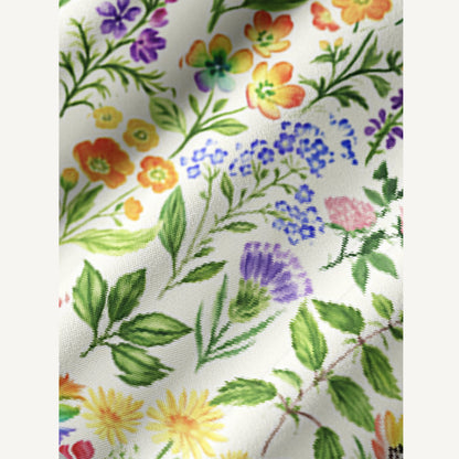 Colorful Wildflower Meadow Print Boho Long Sleeve Tie‑Neck Smock Mini Dress