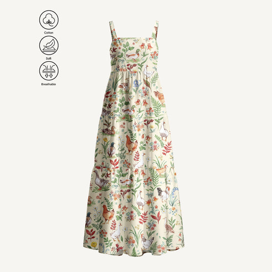 Countryside Garden Critter Print Cotton Wide Straps Maxi Dress With Pockets