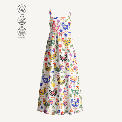 Funky Retro Chicken Print Cotton Wide Straps Maxi Dress With Pockets