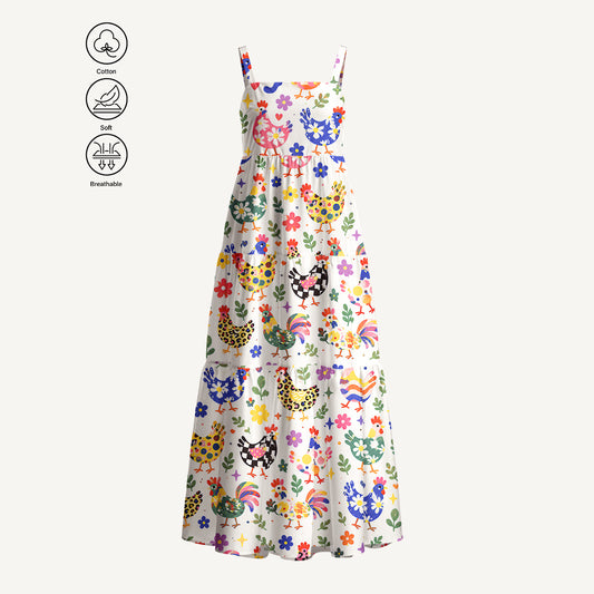 Funky Retro Chicken Print Cotton Wide Straps Maxi Dress With Pockets