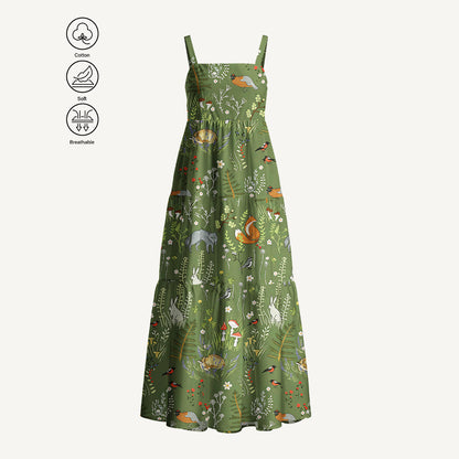 Whimsical Woodland Animals Print Cotton Wide Straps Maxi Dress With Pockets