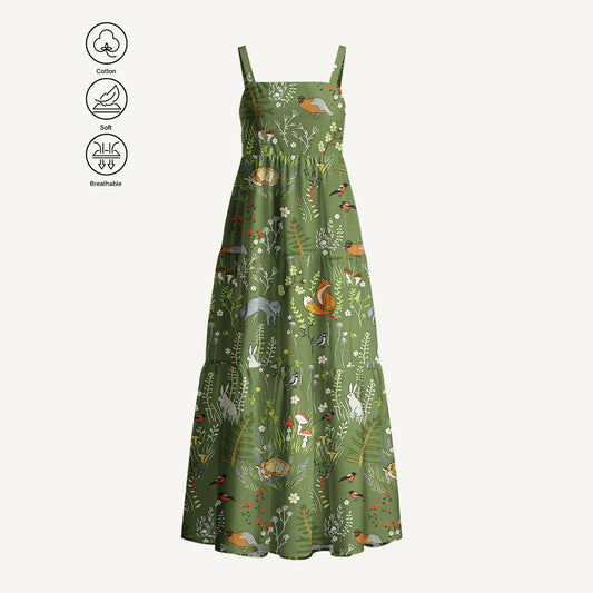 Whimsical Woodland Animals Print Cotton Wide Straps Maxi Dress With Pockets