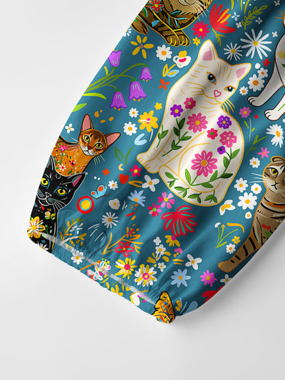 Colorful Garden Cat Pattern Print Boho Long Sleeve Tie‑Neck Blouse