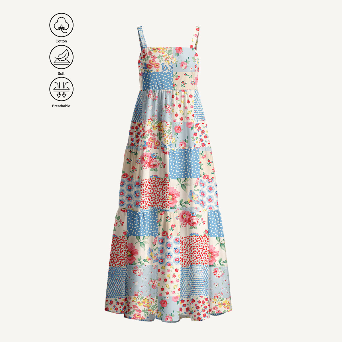 Square Neck Pastel Patc Print Cotton Wide Straps Maxi Dress With Pockets