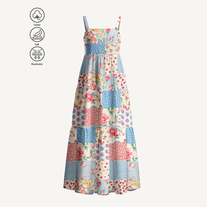 Square Neck Pastel Patc Print Cotton Wide Straps Maxi Dress With Pockets