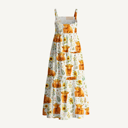 Spring Highland Cow Floral Print Cotton Wide Straps Maxi Dress With Pockets