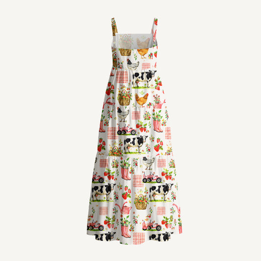 Watercolor Pink Farm Chicken Cow Print Cotton Wide Straps Maxi Dress With Pockets
