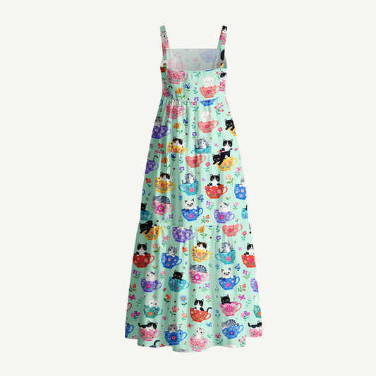 Cute Teacup Kitten Print Cotton Wide Straps Maxi Dress With Pockets
