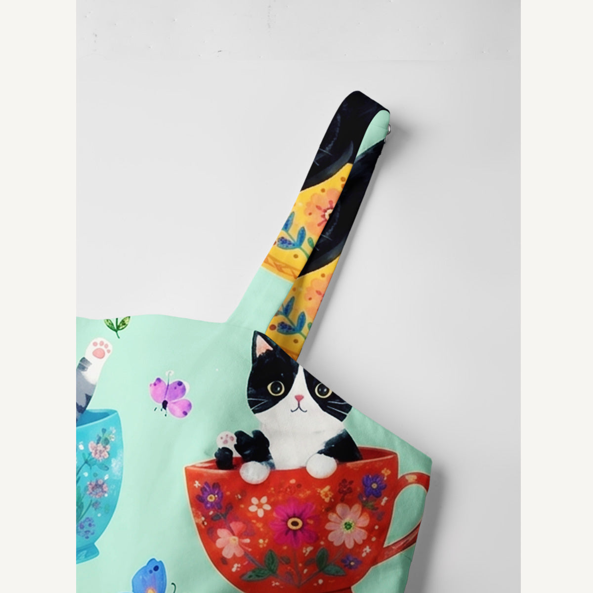 Cute Teacup Kitten Print Cotton Wide Straps Maxi Dress With Pockets