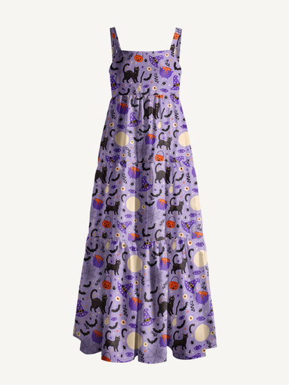 Moonlit Whiskers Print Wide Straps Maxi Dress With Pockets