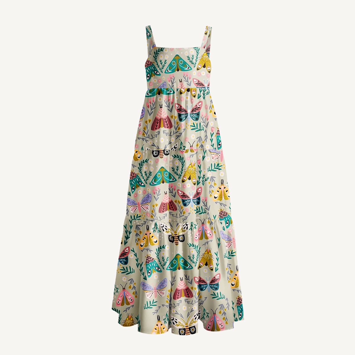 Spring Butterflies Print Wide Straps Maxi Dress With Pockets