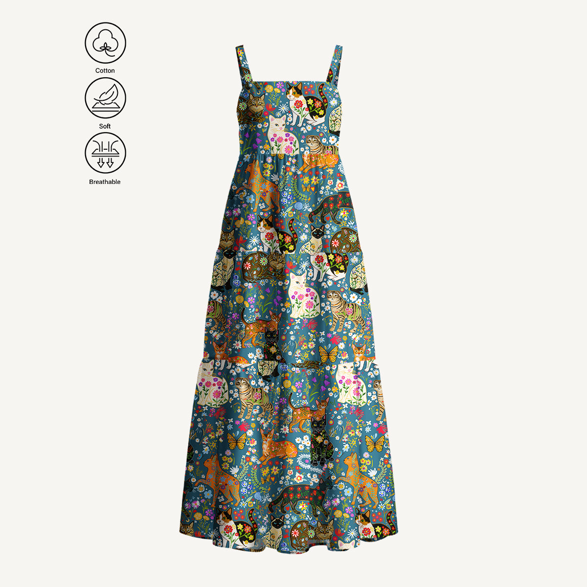 Colorful Garden Cat Pattern Print Cotton Wide Straps Maxi Dress With Pockets