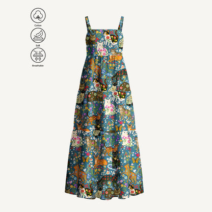 Colorful Garden Cat Pattern Print Cotton Wide Straps Maxi Dress With Pockets