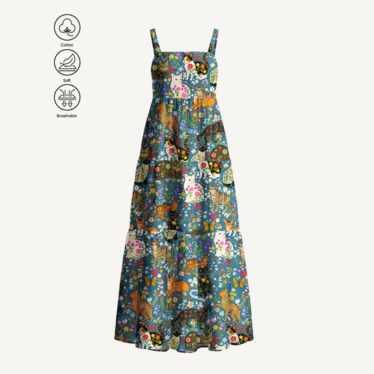 Colorful Garden Cat Pattern Print Cotton Wide Straps Maxi Dress With Pockets