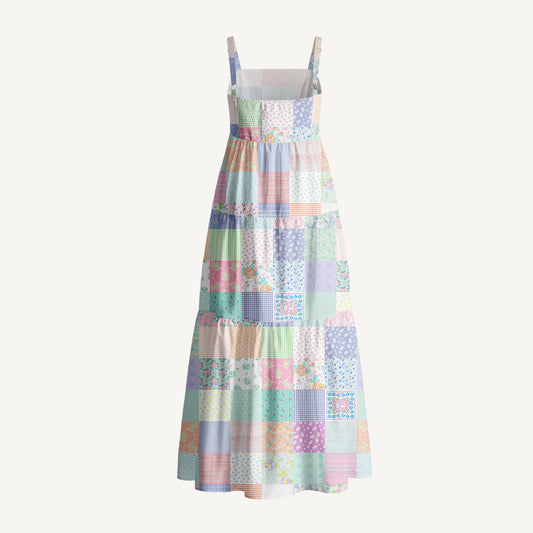 Vintage Quilt Patchwork Print Cotton Wide Straps Maxi Dress With Pockets