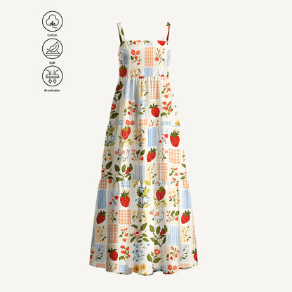 Strawberry Garden Patchwork Print Cotton Wide Straps Maxi Dress With Pockets