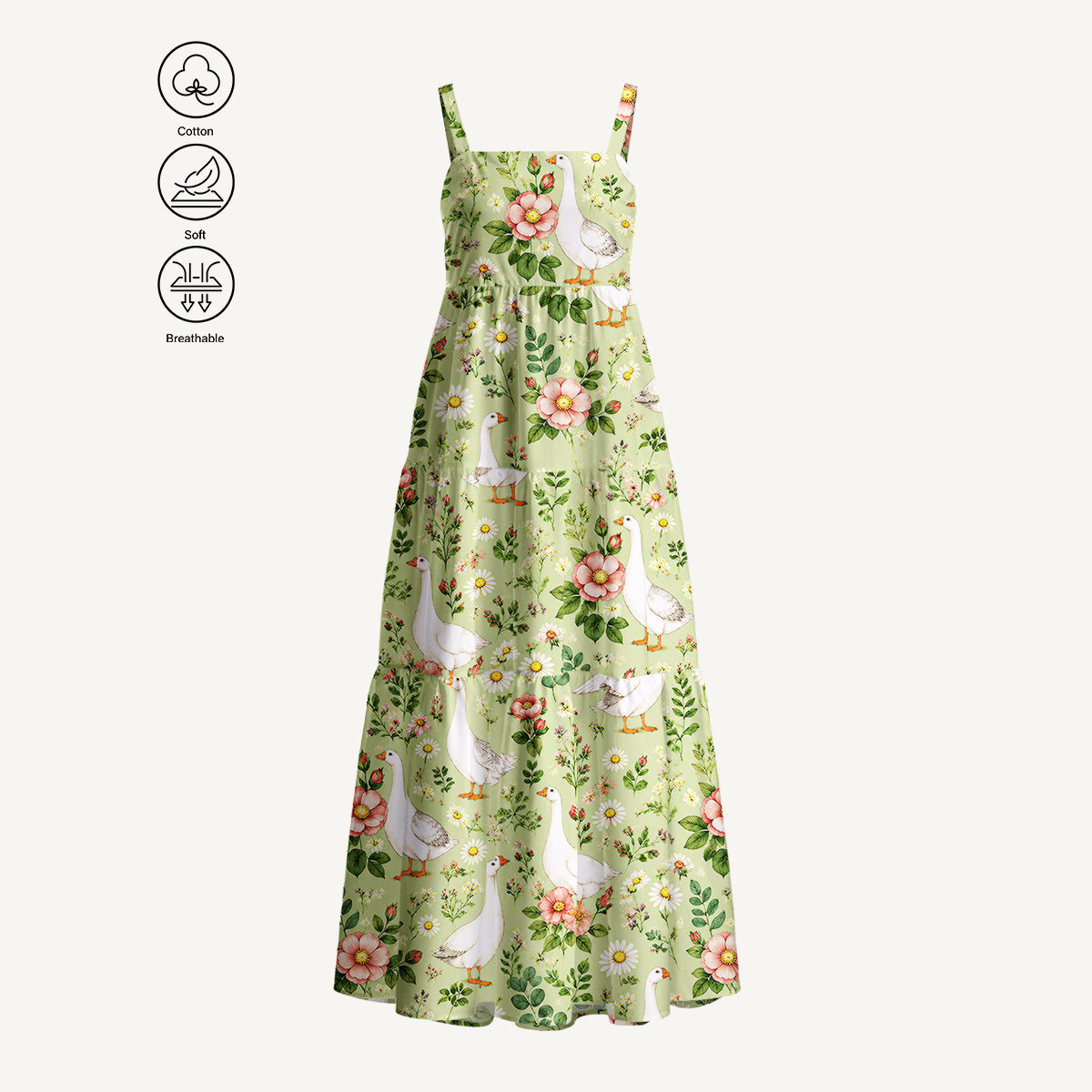 Pastoral Goose Garden Print Cotton Wide Straps Maxi Dress With Pockets