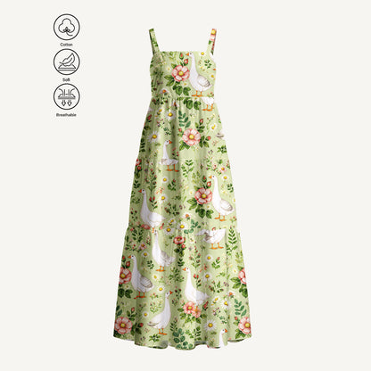 Pastoral Goose Garden Print Cotton Wide Straps Maxi Dress With Pockets