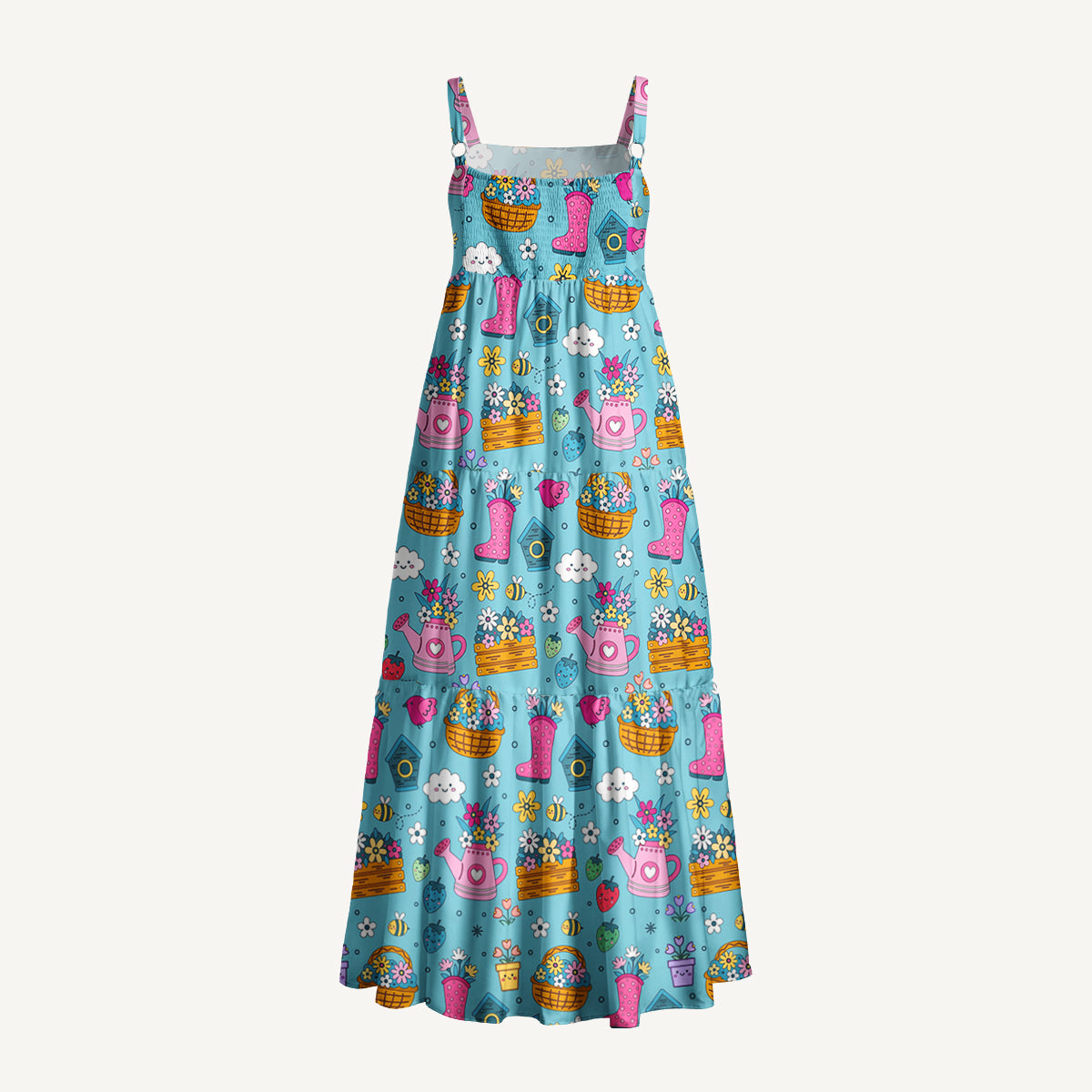 Spring Garden Print Wide Straps Maxi Dress With Pockets