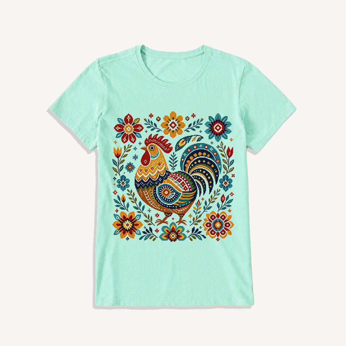 Folk Art Rooster Embroidery Print Crew Neck Cotton Tee