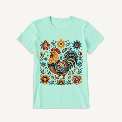 Folk Art Rooster Embroidery Print Crew Neck Cotton Tee