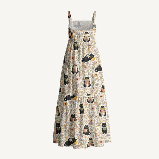 Books Blooms and Black Cats Print Cotton Wide Straps Maxi Dress With Pockets