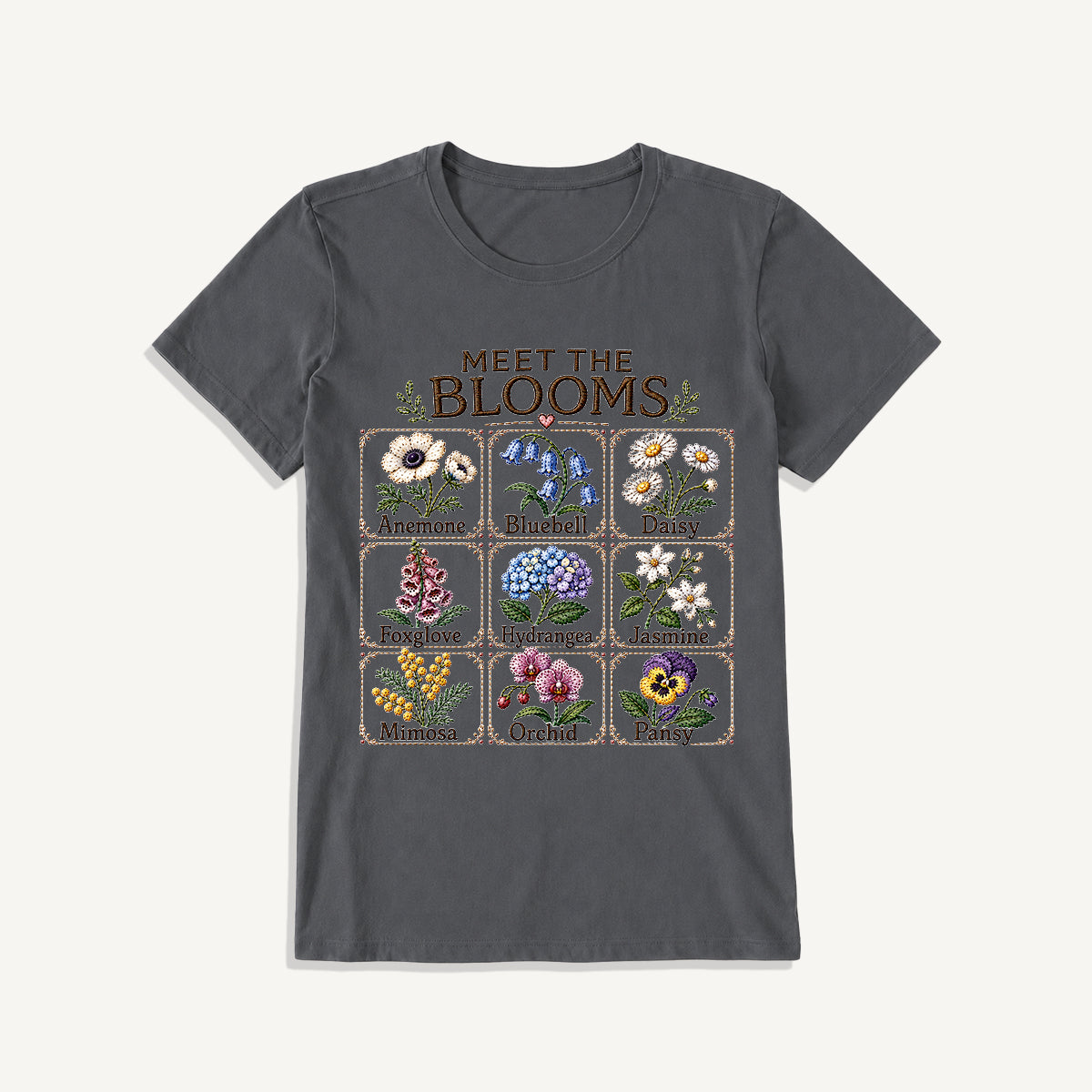 Meet the Blooms Embroidery Chart Print Crew Neck Cotton Tee