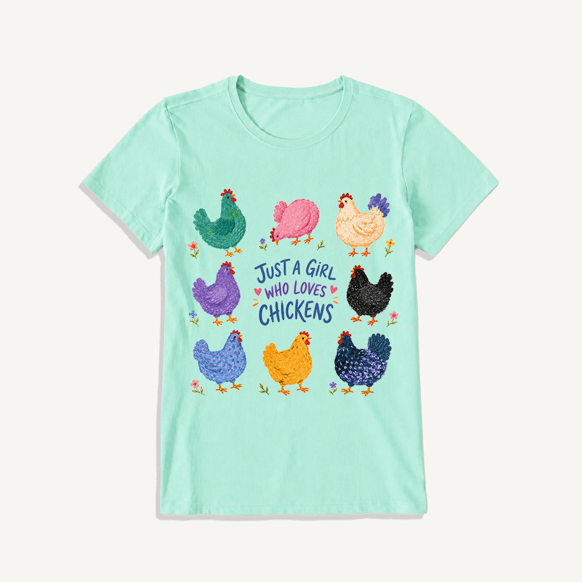 Colorful Chicken Garden Print Crew Neck Cotton Tee