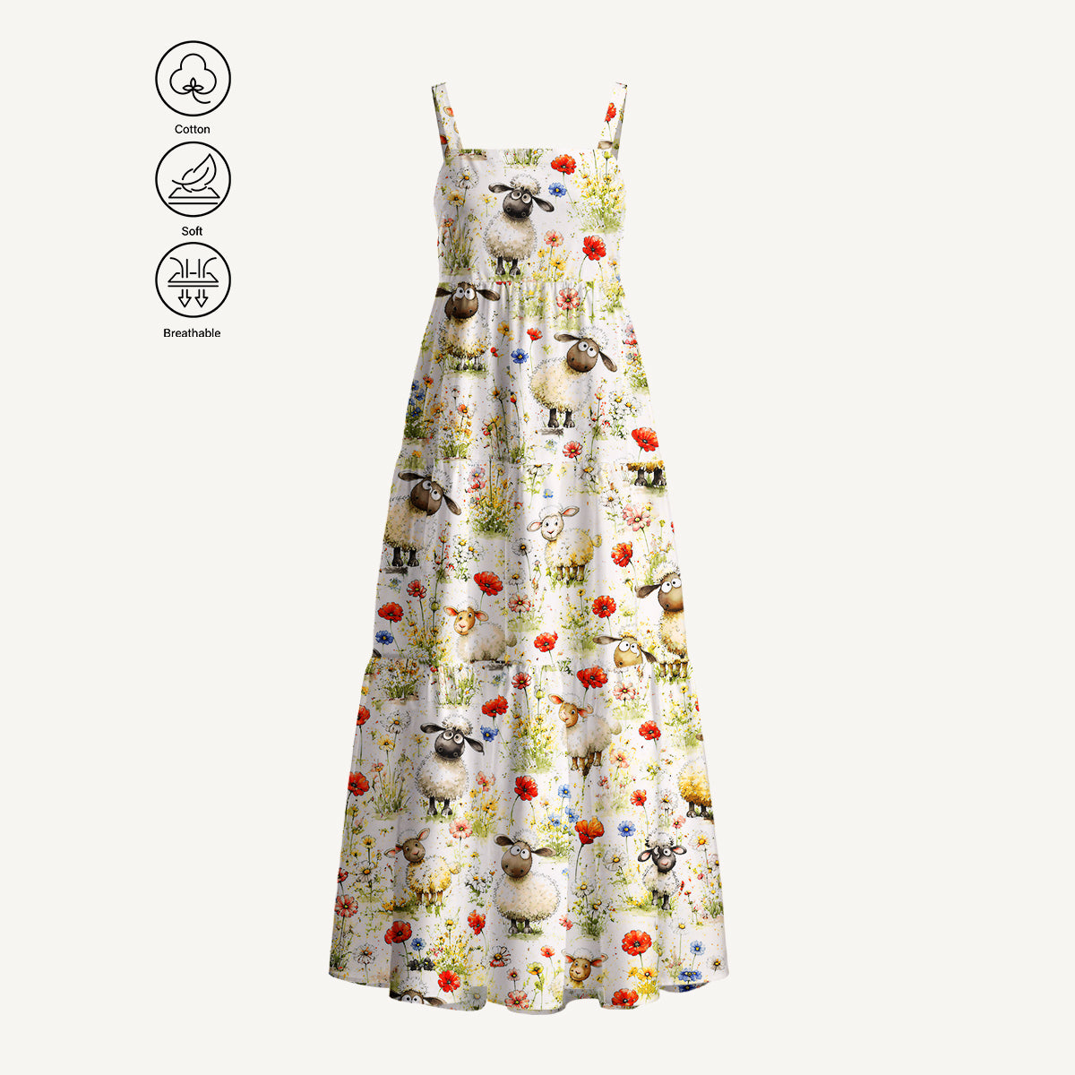 Whimsical Sheep Clipart Print Cotton Wide Straps Maxi Dress With Pockets