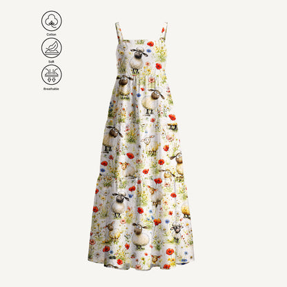 Whimsical Sheep Clipart Print Cotton Wide Straps Maxi Dress With Pockets