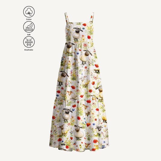 Whimsical Sheep Clipart Print Cotton Wide Straps Maxi Dress With Pockets
