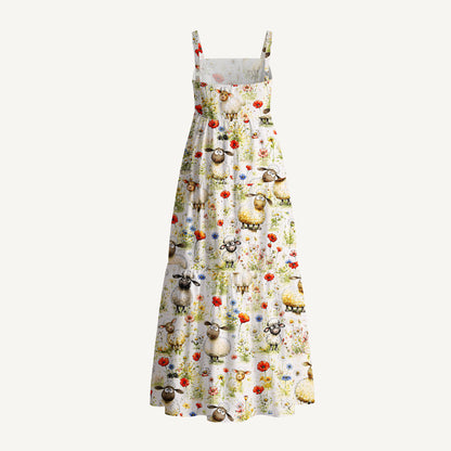 Whimsical Sheep Clipart Print Cotton Wide Straps Maxi Dress With Pockets