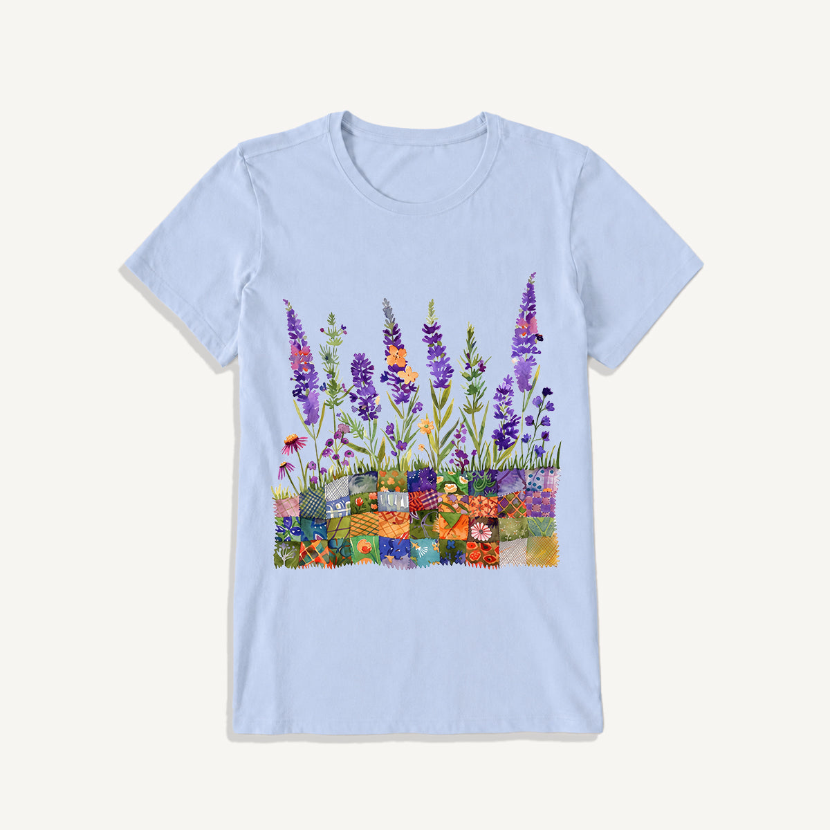 Lavender on Patchwork Meadow Print Crew Neck Cotton Tee