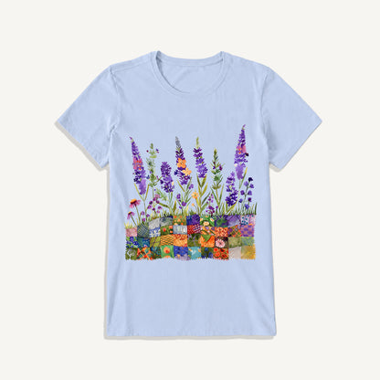 Lavender on Patchwork Meadow Print Crew Neck Cotton Tee