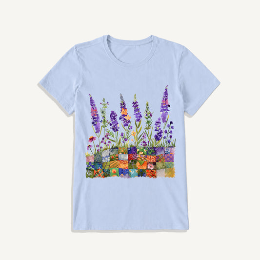 Lavender on Patchwork Meadow Print Crew Neck Cotton Tee
