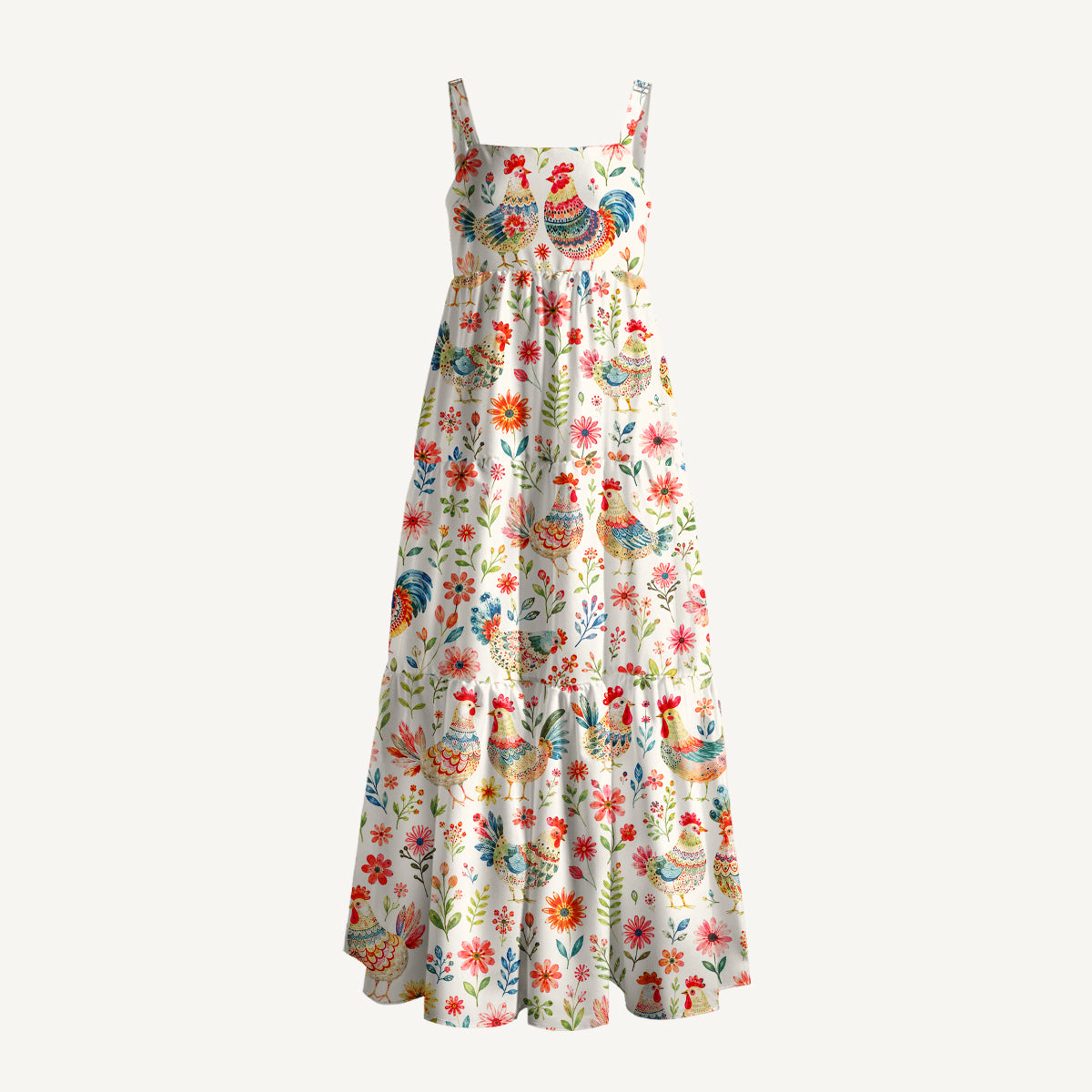 Country Rooster Garden Print Wide Straps Maxi Dress With Pockets