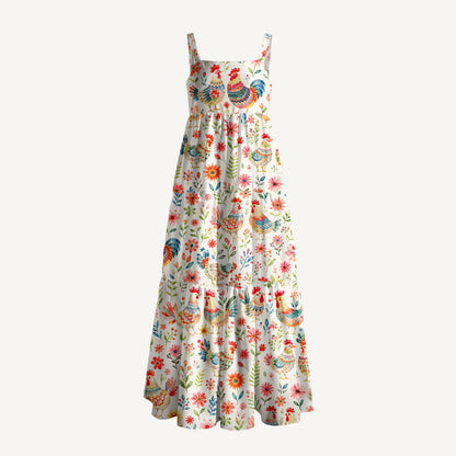 Country Rooster Garden Print Wide Straps Maxi Dress With Pockets