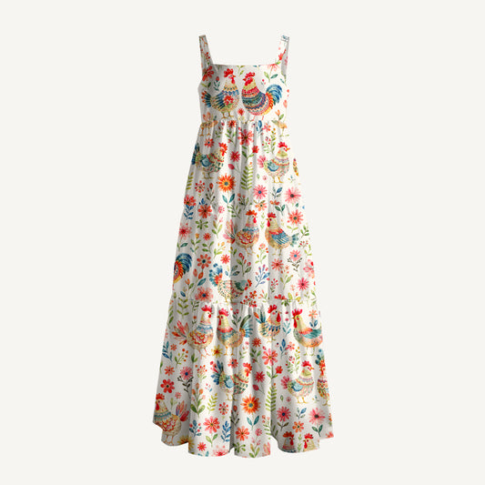 Country Rooster Garden Print Wide Straps Maxi Dress With Pockets