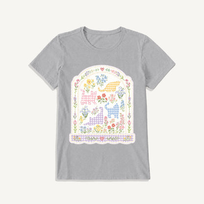 Gingham Cats Arch Frame Print Crew Neck Cotton Tee