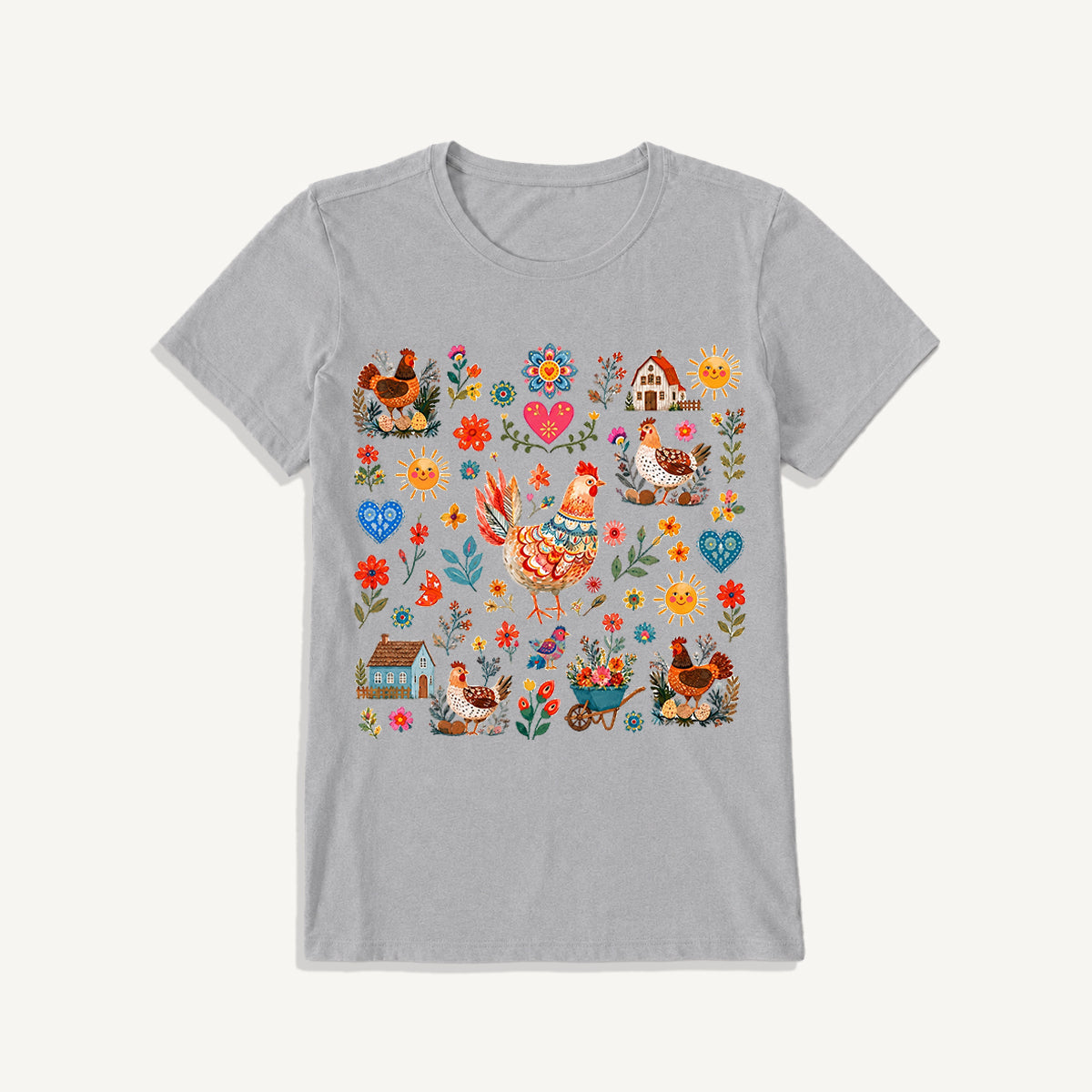 Vintage Farmhouse Chicken Floral Print Crew Neck Cotton Tee