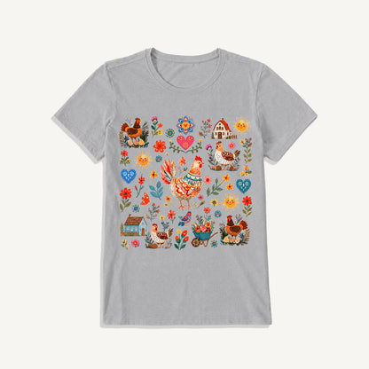 Vintage Farmhouse Chicken Floral Print Crew Neck Cotton Tee